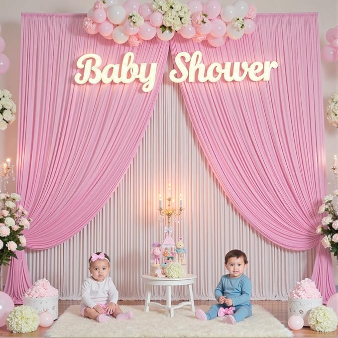 10×12ft Wrinkle Free Pink Backdrop Curtain for Wedding Parties, 2 Panels 5×12ft Long Soft Silky Polyester Backdrop Drapes Baby Pink Photo Back Drop Curtains for Party Photography Background Cloth