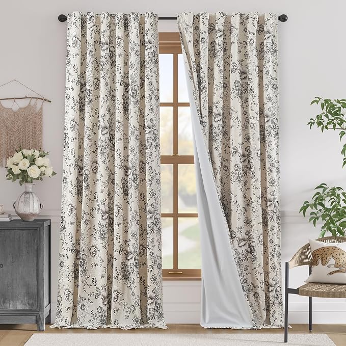 jinchan Floral Linen Curtains Lined 108 Inch Farmhouse Back Tab 2 Panels | by JINCHAN