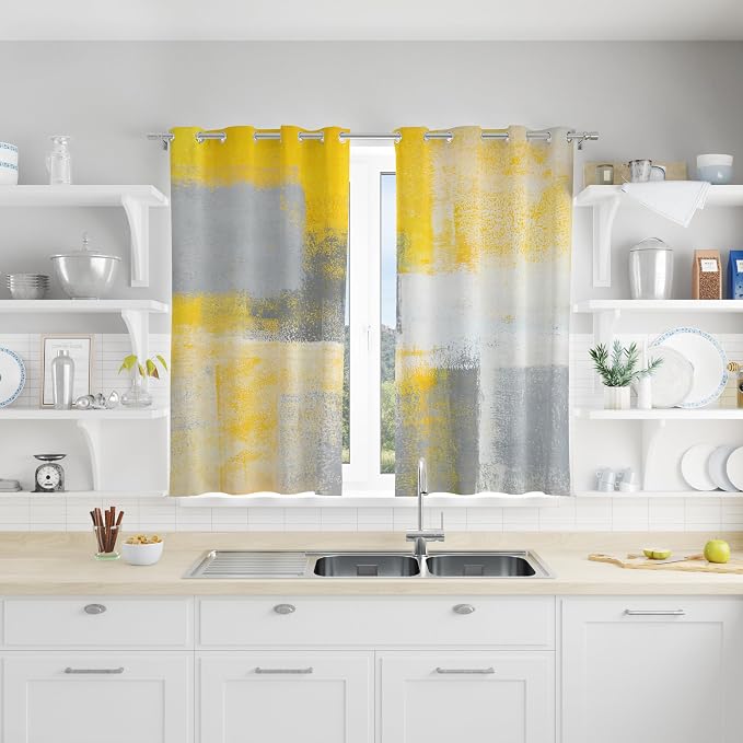 Yellow Window Curtain Yellow Grey Abstract Thermal Insulating Drapes Rust Art by Asuexpect