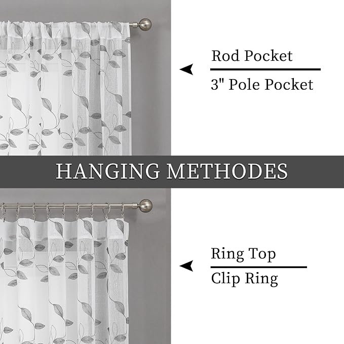 Tollpiz Grey Leaf Sheer Curtains Leaves Embroidered Bedroom Curtain Rod Pocket - Image 5