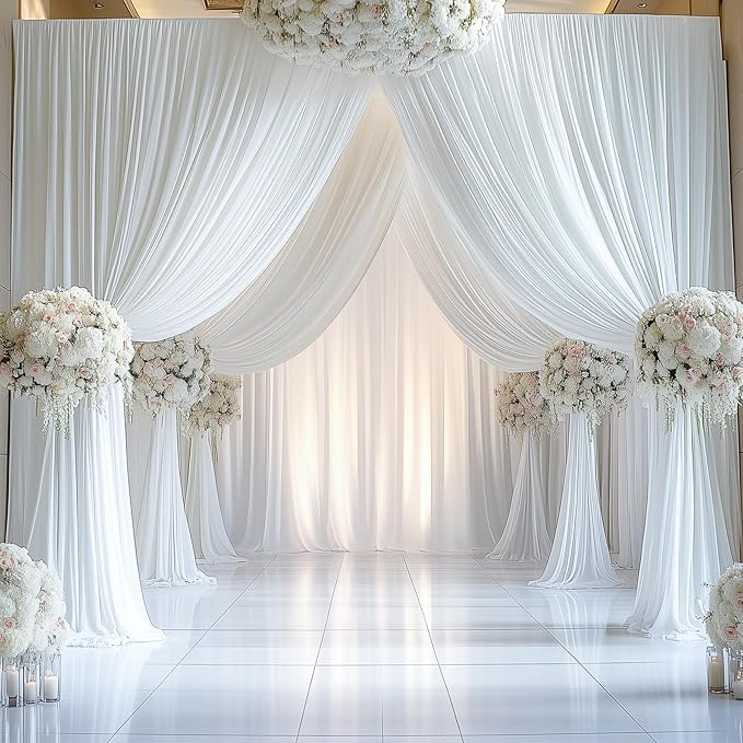 10ftx16FT Wrinkle Free White Backdrop Curtain, 2 Panels 16FT Height White Wedding Backdrop Drapes, Silky Polyester Back Drop Cloth for Birthday Photography Background Party Backdrop Draping