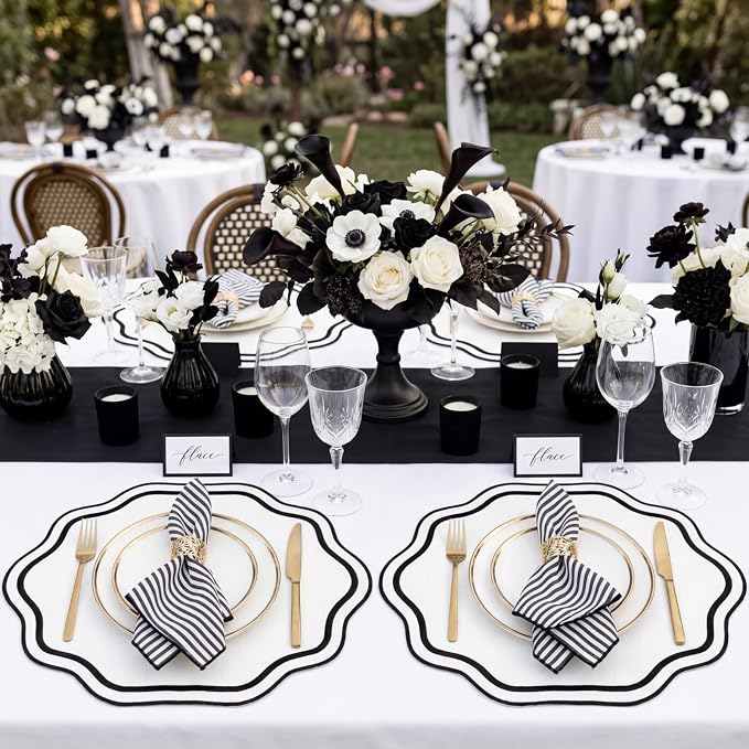 6 Pcs Black and White Wedding Placemats Scalloped Embroidered Cotton Linen - Image 7