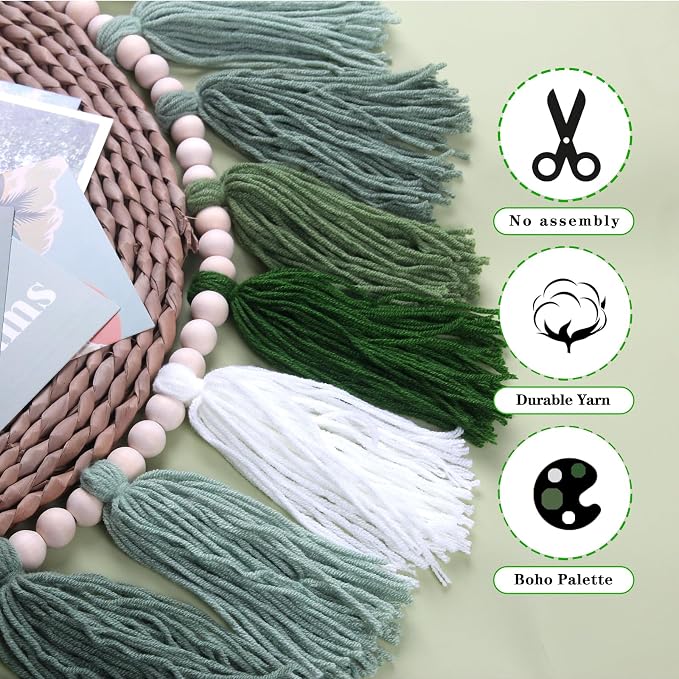 Green Boho Yarn Tassel Garland Sage Green Garland Wall Hanging Decor Forest - Image 6