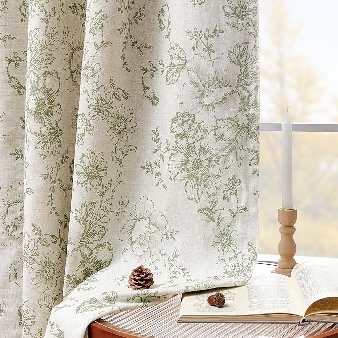 jinchan Green Floral Linen Blackout Curtains 96 Inch Back Tab 2 Panels | - Image 3