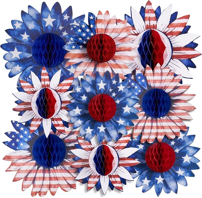 SUNBEAUTY 4th of July Patriotic Decorations Red White Blue Hanging Honeycomb by SUNBEAUTY