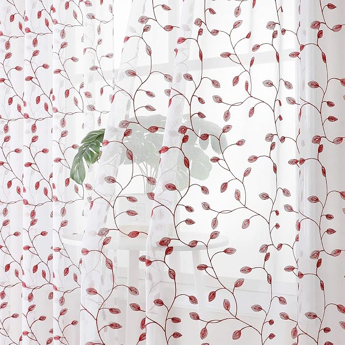Tollpiz Leaves Short Sheer Curtains Burgundy Red Leaf Embroidery Living Room - Image 2