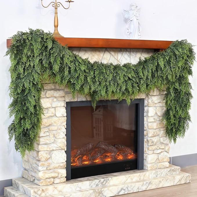 Christmas Cedar Garland - 9ft Artificial Cedar Garland Faux Lush Green Fake Pine Needles for Fireplace,Table,Window,Stairs,Mante,Holiday Indoor Outdoor Xmas Decor(1PCS)