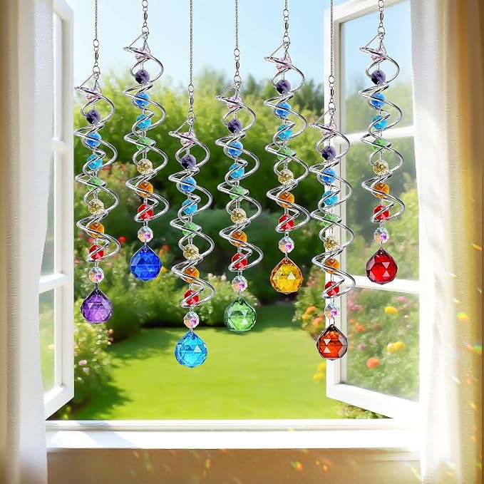 7 Pcs Crystal Gazing Ball Spiral Wind Spinner Suncatcher Garden Decor | Crystal - Image 9