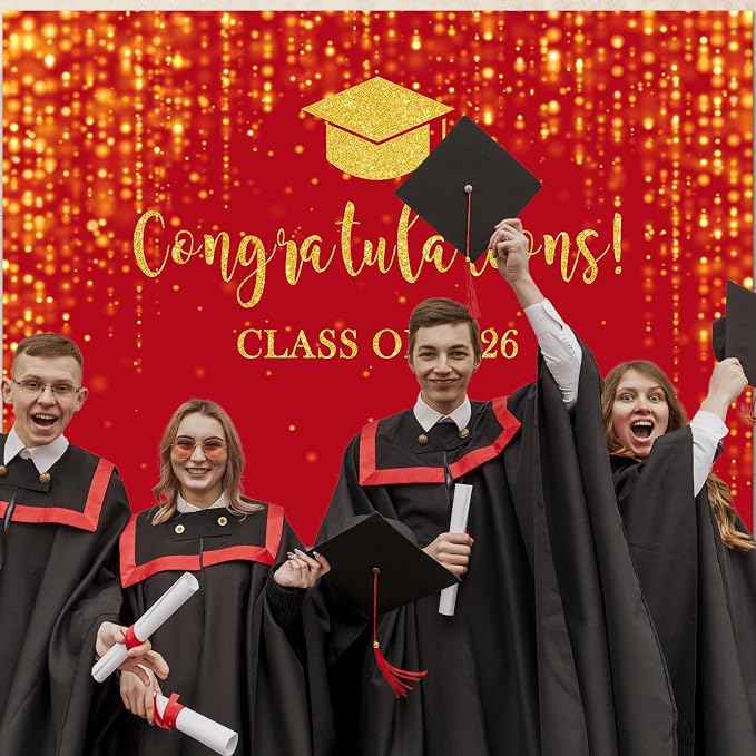 Mocsicka Class of 2026 Backdrop Red Gold Glitter Bokeh Graduation Party - Image 7