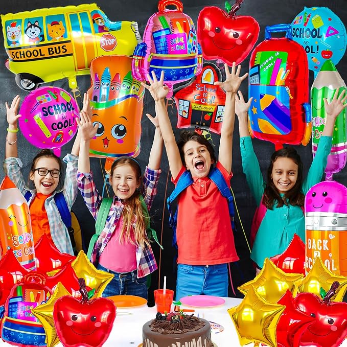 60 Pcs Back to School Balloons, Colorful Bus School Pencil Apple Crayon Foil - Image 2