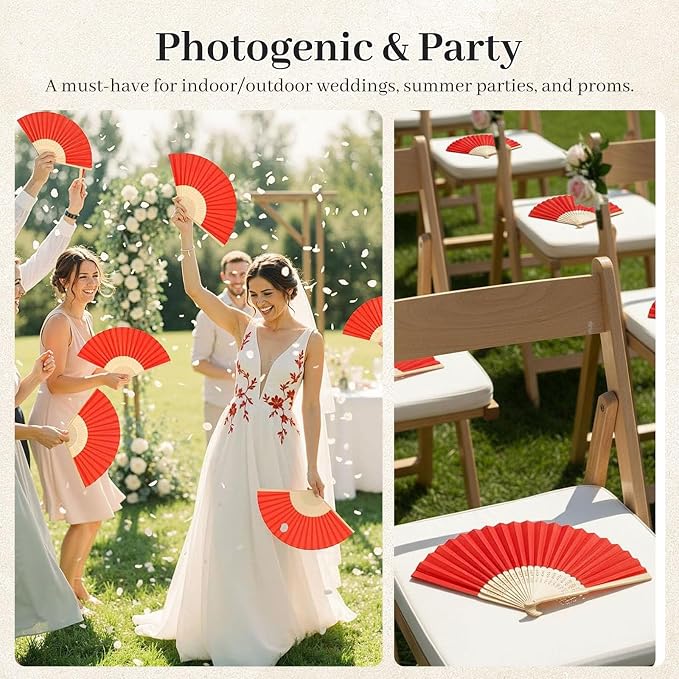 JOHOUSE 12 PCS Red Paper Folding Hand Fans, 8.3 Inch Foldable Handheld | Fans - Image 2