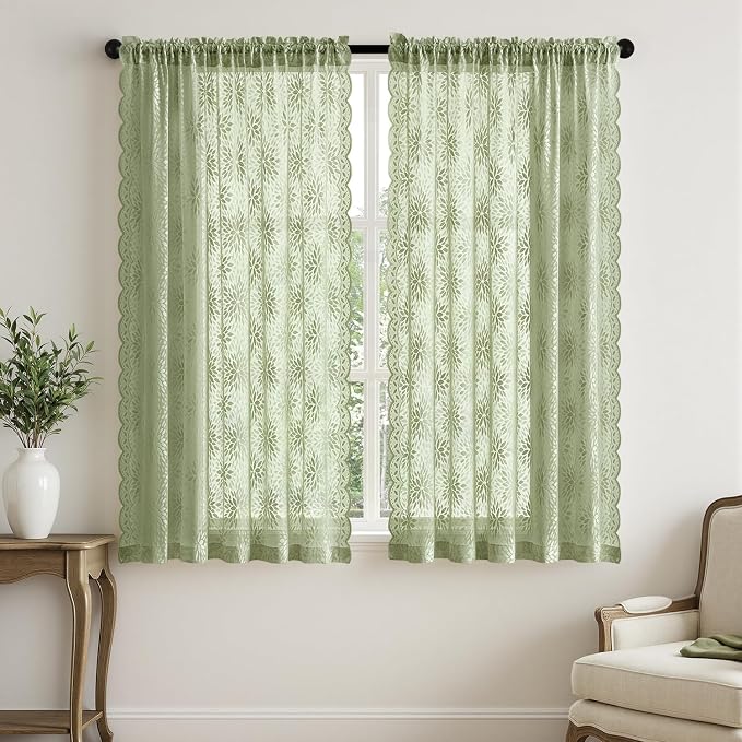 MIULEE Vintage Floral Scalloped Lace Curtains, Sage Green 52" W x 63" L | 2 - Image 7