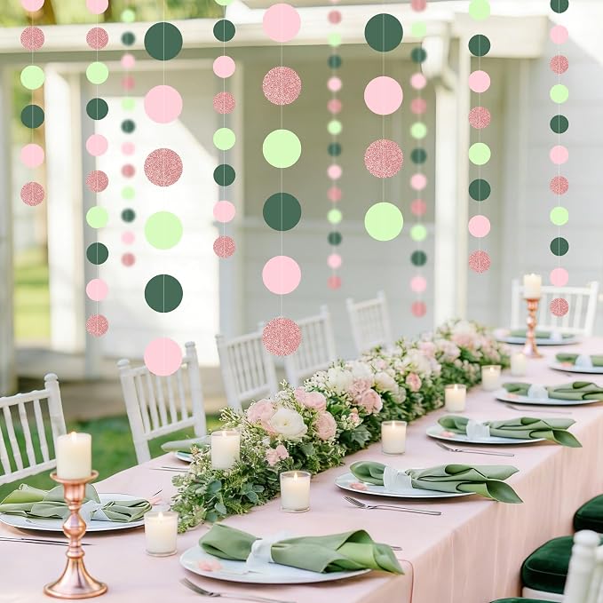 5PCS Sage Green Paper Garland, 72ft Sage Green Pink Polka Dots Circle Ceiling - Image 6