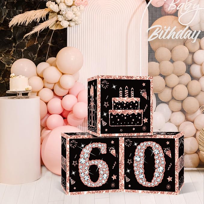 Eiurteao 3pcs Rose Gold 60th Birthday Decorations Boxes - Image 3