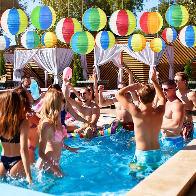 21Pcs Beach Ball Paper Lanterns, 4-10in Multicolor, Summer Luau Pool Decor | - Image 6