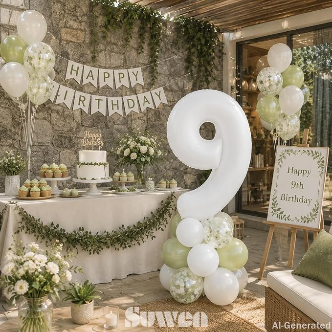SUWEN 40 Inch White Large 9 Balloon Number Big Foil Helium Numbers 0-9 | Giant - Image 2