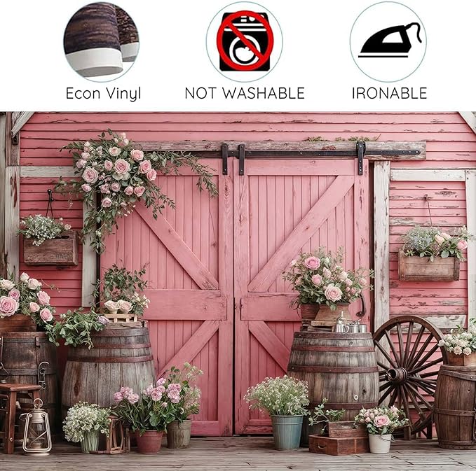 5x4ft Country Wedding Pink Photography Backdrop Rustic Wooden Barn Door Photography Backdrop Farmhouse Flower Western Girl Birthday Baby Shower Wedding Bridal Party Banner Photo Booth Props Background