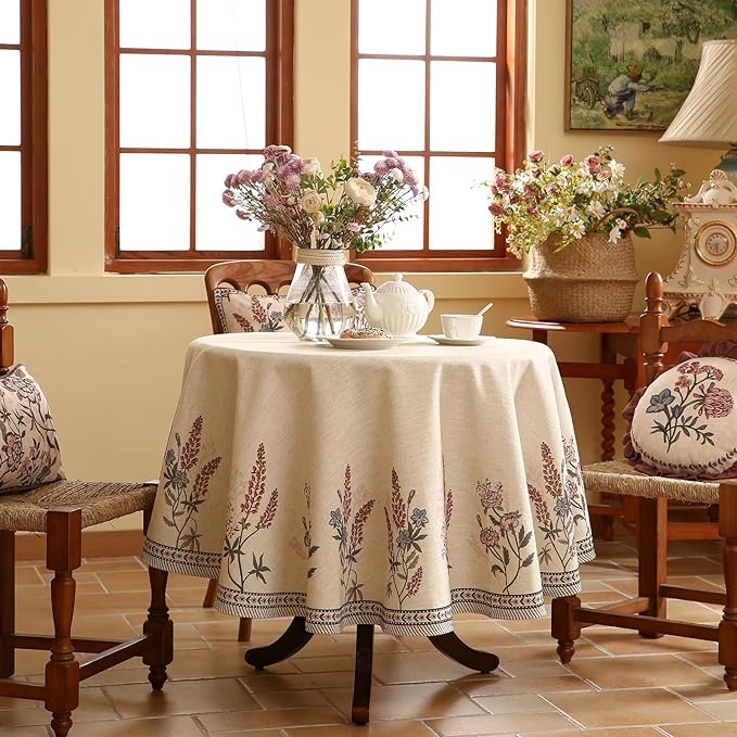 ISAENNE French Tablecloth for Round Tables,Linen Table Cloth with Colorful Flowers Pattern,Heavy Durable Table Cover for Dining Thanksgiving Kitchen Decor Party Christmas,Diameter 67"