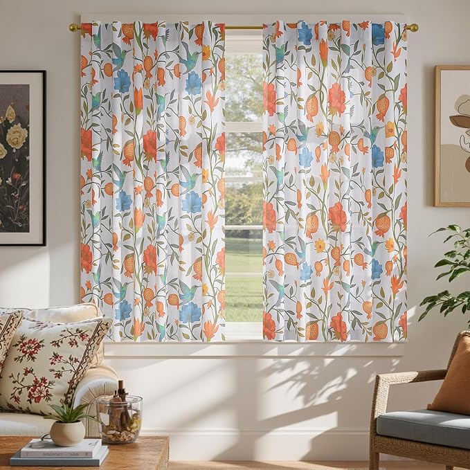 54 Inch Boho Floral Curtains Tropical Bird Print Linen Semi Sheer Window Drapes by JOOJA