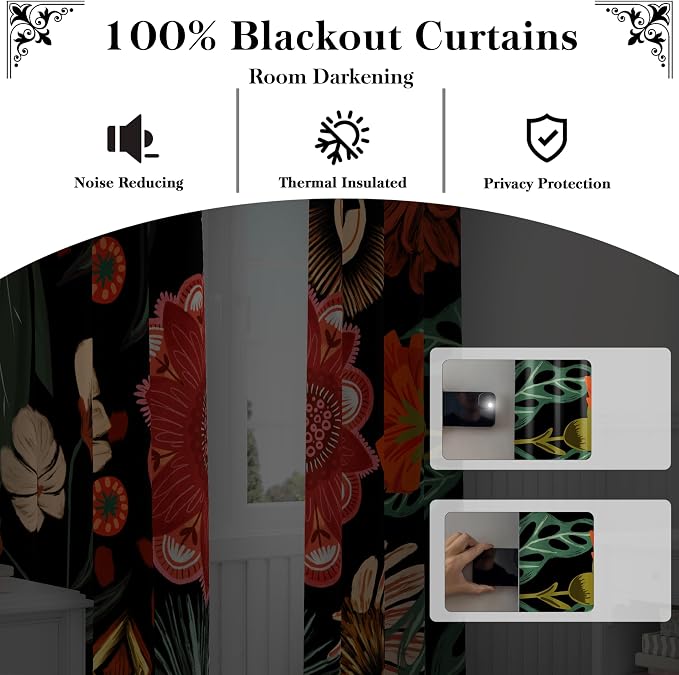 Tyrot 100% Blackout Black Boho Floral Curtains 108 Inch Extra Long - Image 2