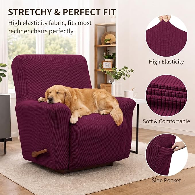 Recliner Chair Covers, 1-Piece Lazy Boy Recliner Covers, Wine | Washable - Image 2