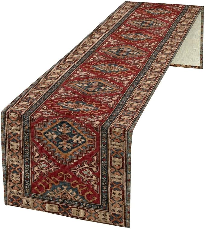 Boho Floral Vintage Table Runner, Red Grey Retro Flower Rustic Country Farmhouse Abstract Pattern for Home Kitchen Table Decor Dining Coffee Room Party Decor 13x36in