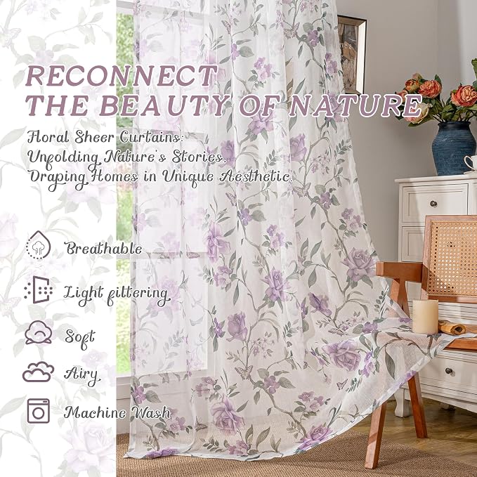 Floral Sheer Curtains 63 Inch Length 2 Panels, Farmhouse Light Filtering - Image 2