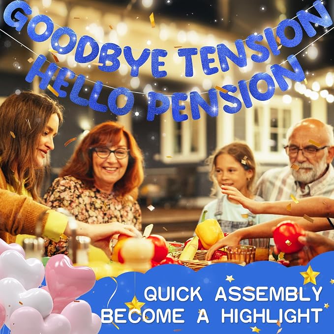 Retirement Banner Pre-Strung GOODBYE TENSION HELLO PENSION Banner Glitter - Image 7