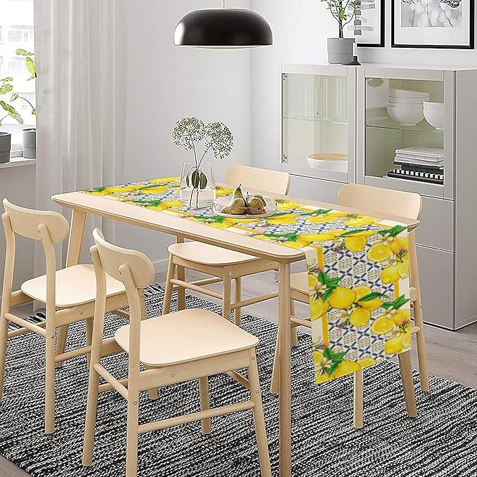 Lemon Table Runner,Spring Summer Seasonal Yellow Blue Table Runner for Kitchen Dining Table Home Party Decoration 13x72 Inch