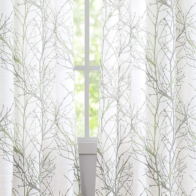 FMFUNCTEX Linen Sage Green White Semi Sheer Print Curtains 45 Inch 2 Panels | - Image 4
