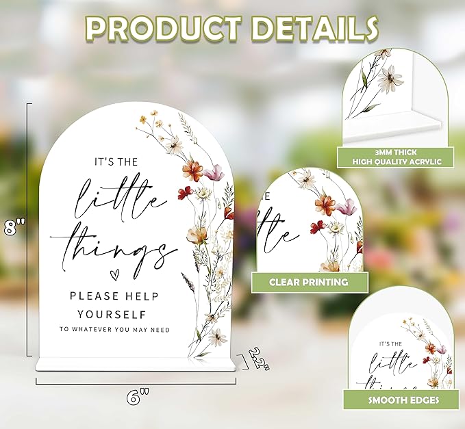 Boho Floral Wedding Bathroom Basket Sign, 6 x 8 Inch White Arch Acrylic Wedding Sign with Holder, Wedding Sign for Ceremony and Reception, Wedding Decoration, Wedding Supplies - BX09