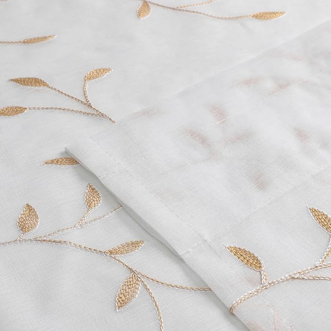 White Sheer Curtains Orange Leaf Embroidery Linen 96 Inches Long | Light - Image 4