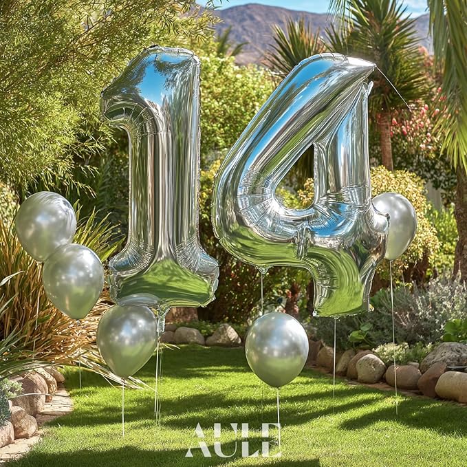 AULE 40 Inch Silver 14 Balloon Number Foil 0-9 Birthday Big Numbers | Birthday - Image 3