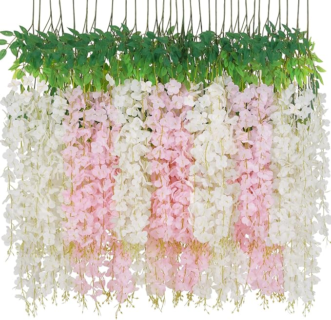24 Pack Wisteria Hanging Flowers, 3.6 Feet/Pcs White Pink Artificial Flowers by Waipfaru