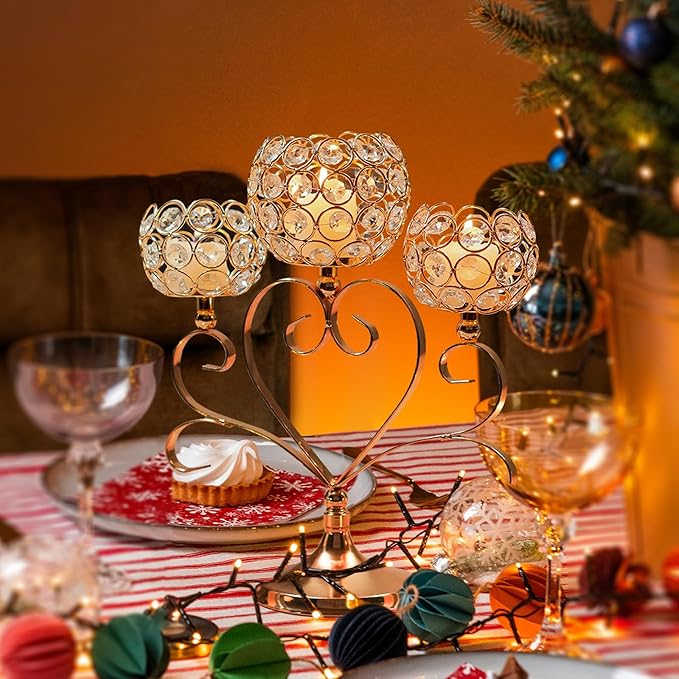 6 Pcs Gold 3-Arm Heart Tea Light Candle Holder - Crystal & Metal Wedding Centerpiece Decor, Sparkling Table Decor for Anniversaries/Romantic Tabletop Home/Dinner Party/Events