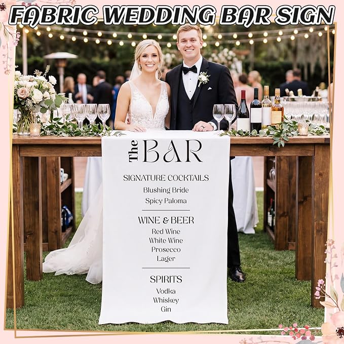 HunnmingRe Fabric Wedding Bar Sign 78x29 Inch White Linen Rustic Bar Wedding - Image 2