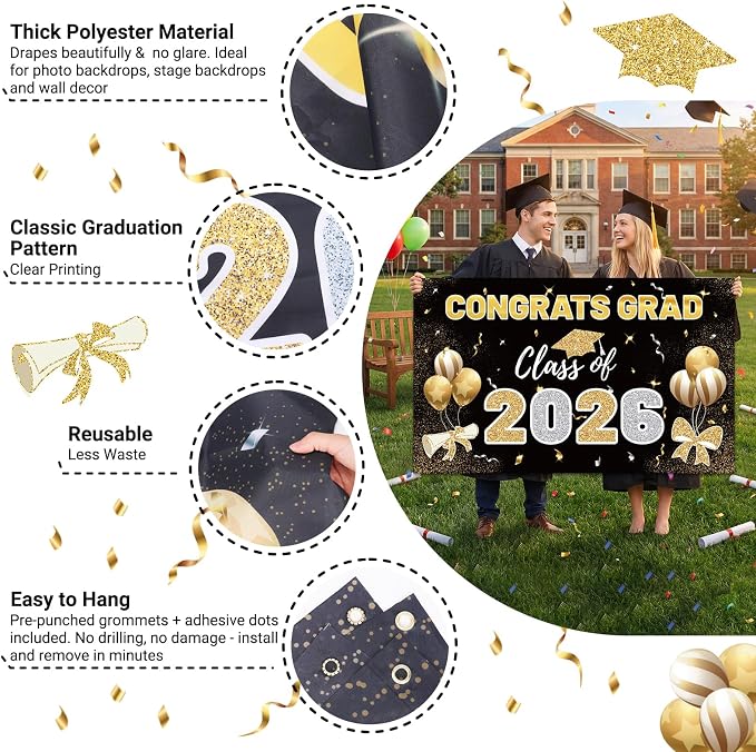 STARSIDE 2026 Graduation Backdrop 70.8x43.3 Inch Black Gold | Congrats Grad - Image 3