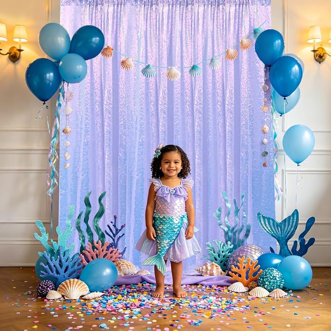 Sugargirl Mermaid Lavender Sequin Backdrop Curtain 4 Panels 2FTx8FT Glitter - Image 3