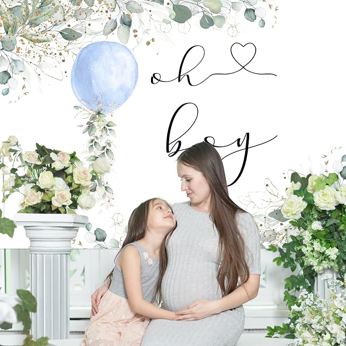 Mocsicka Greenery Oh Boy Baby Shower Backdrop 7x5ft | Blue Balloon, Botanical - Image 5