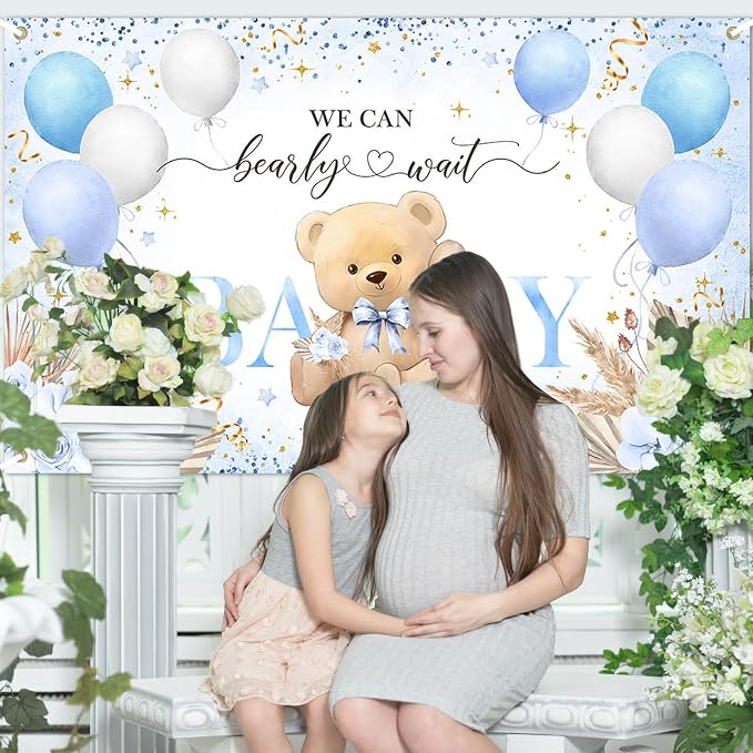 Blue Bear Baby Shower Backdrop 7x5 ft We Can Bearly Wait Banner - Image 6