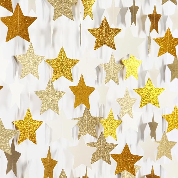 White-Gold Champagne Party-Decorations Bachelorette-Christmas Garland - 62ft Twinkle Little Star Hanging Streamers Banner, Wedding Birthday Baby Bridal Shower Engagement Decor Hugtmr