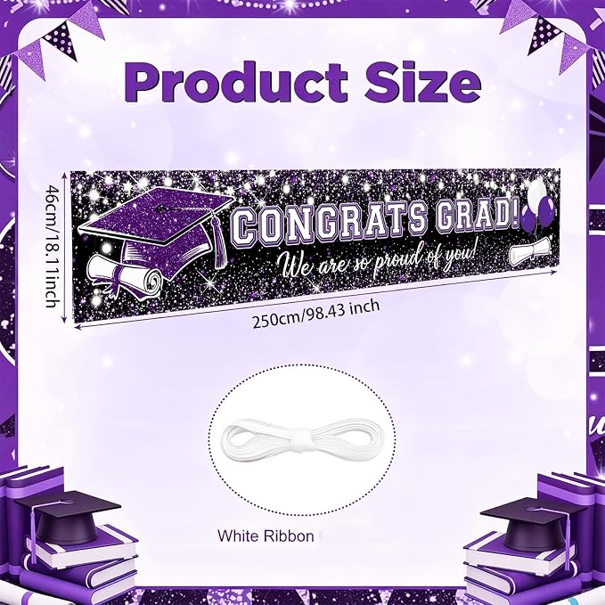 Purple Graduation Decorations, Congrats Grad Graduation Banner Glitter Purple - Image 6