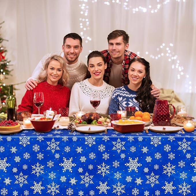 Jectivs 12 Pieces Christmas Snowflake Plastic Party Tablecloth Decorations,White Snowflake Blue Xmas Backdrop Sign Table Cover Banner for Winter Christmas Holiday Party Supplies,54x108 inch (Blue)