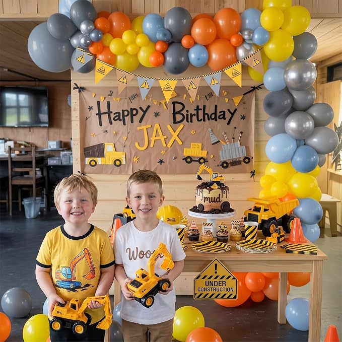 Construction Theme Balloons, 12 inch Orange Yellow Dusty Blue Latex Balloon - Image 8