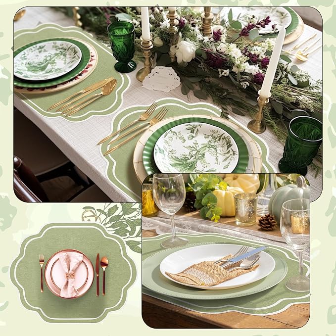 6 Pcs Sage Green Wedding Placemats Scalloped Embroidered Cotton Linen Placemats - Image 3