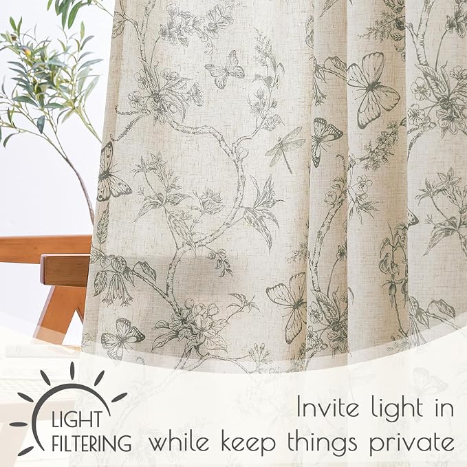 Grey Floral Linen Lined Curtains Rod Pocket 50W X 96L 2 Panels | Charlotte - Image 4