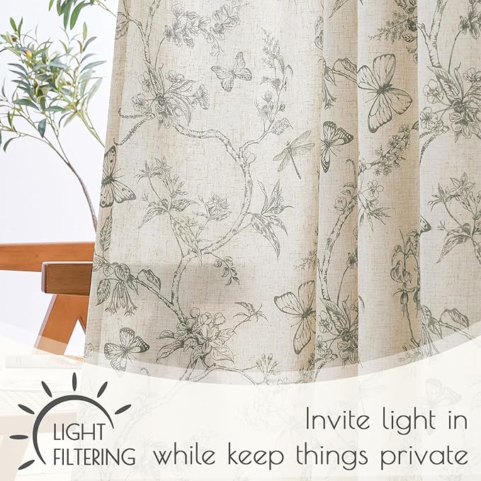 Grey Floral Linen Lined Curtains Rod Pocket 50W X 63L 2 Panels | Charlotte - Image 4