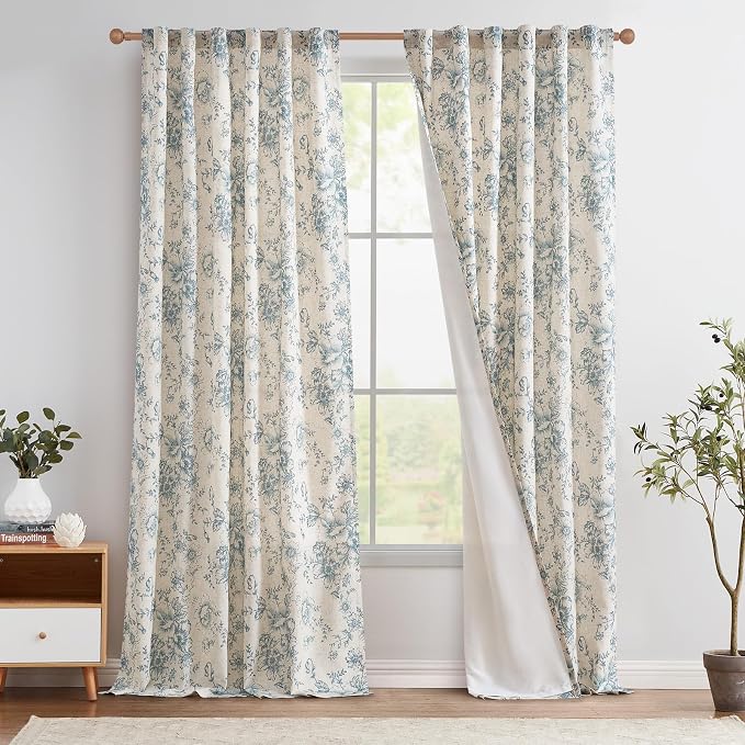 jinchan Blue Floral Linen Curtains Lined 96 Inch Vintage Back Tab 2 Panels | by JINCHAN