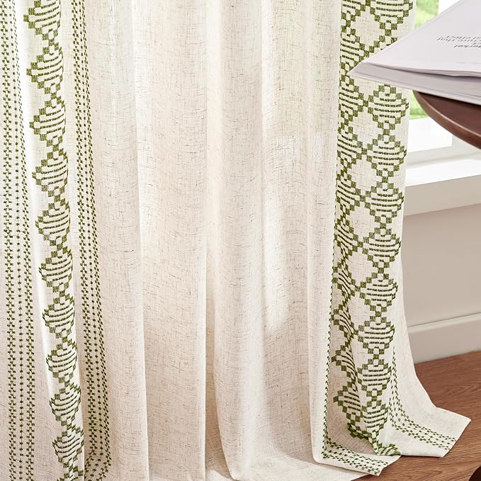 jinchan Floral Linen Curtains Embroidered Back Tab 50x84in 2 Panels Green | - Image 7