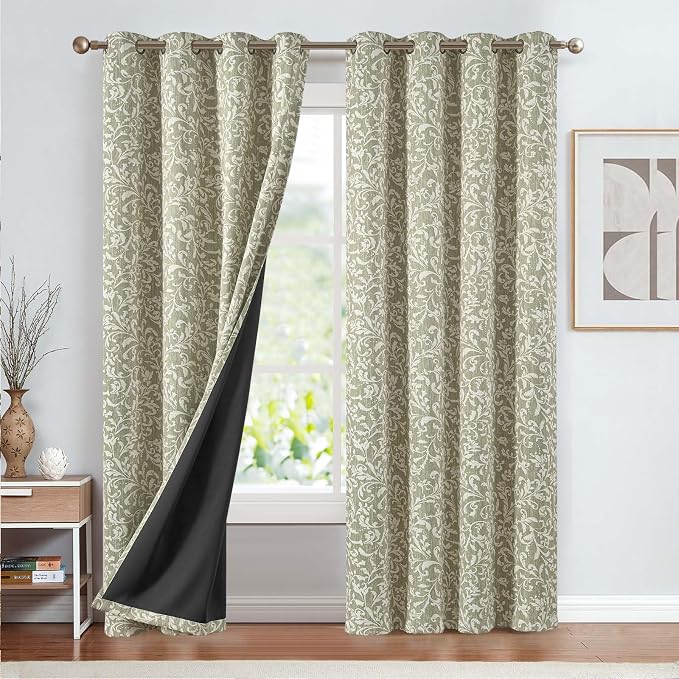 Green Floral 100% Blackout Curtains 96 Inch Vintage Grommet 2 Panels | Room - Image 2